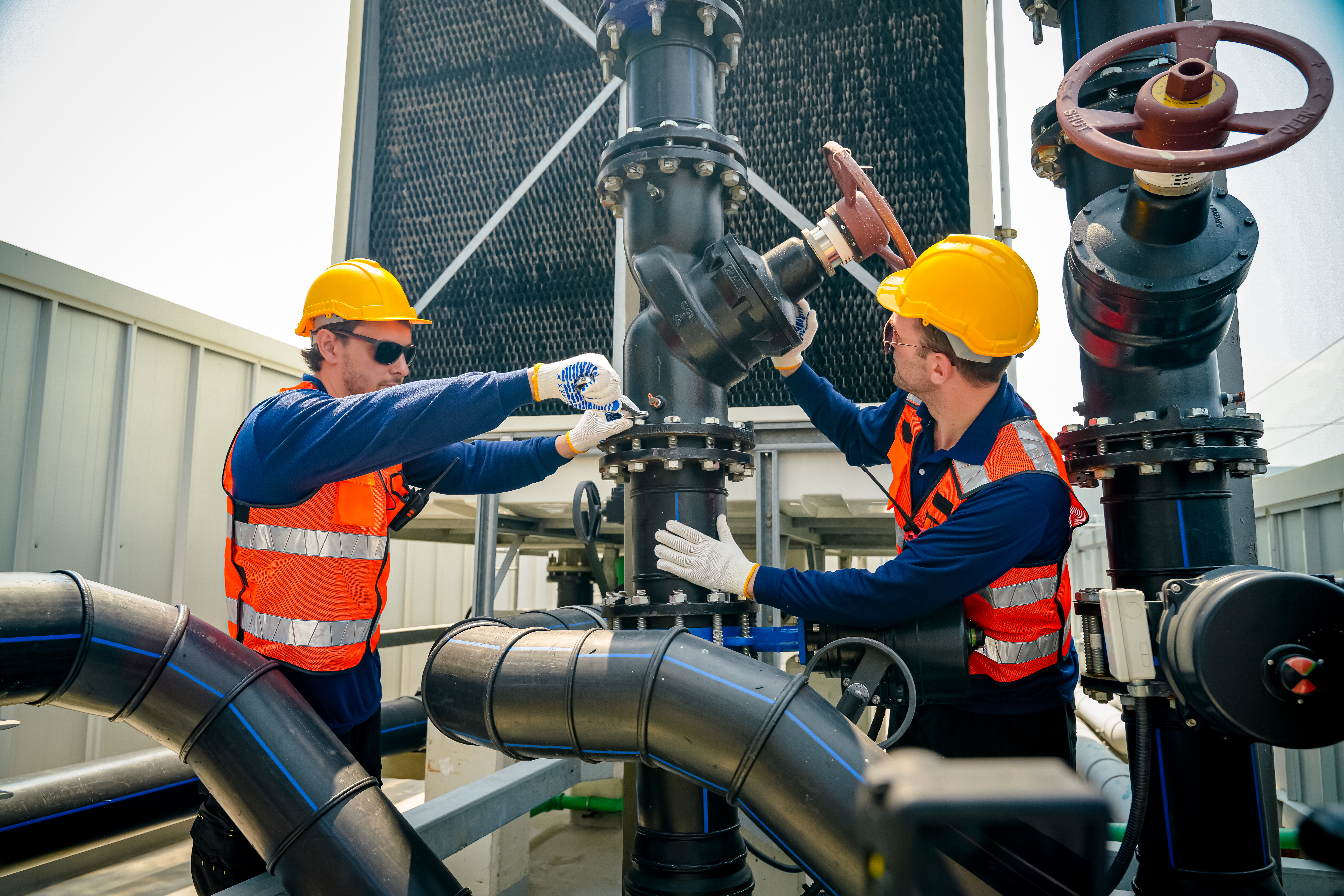 Maintenance technicians servicing industrial pipework and valves