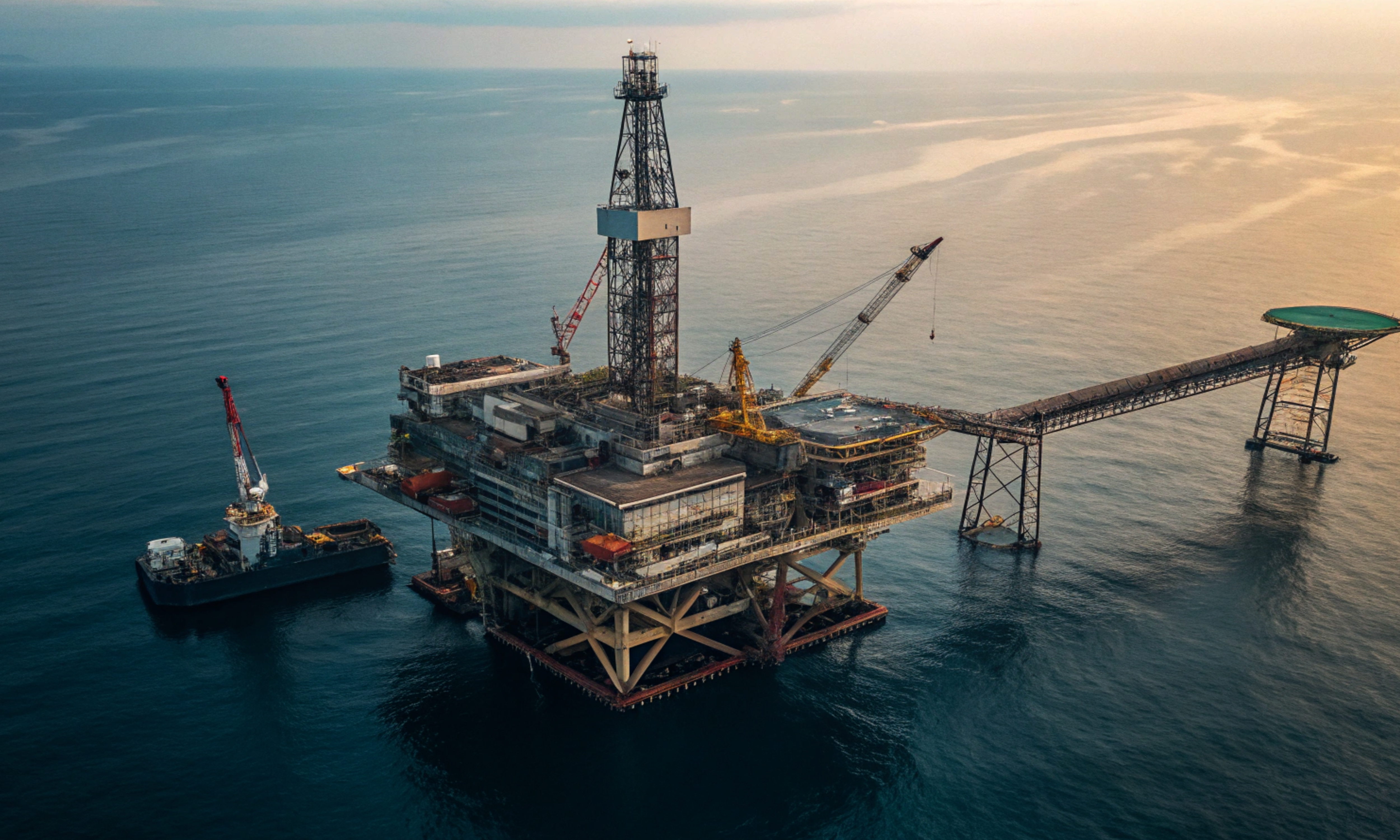Offshore oil platform and service vessel at sea