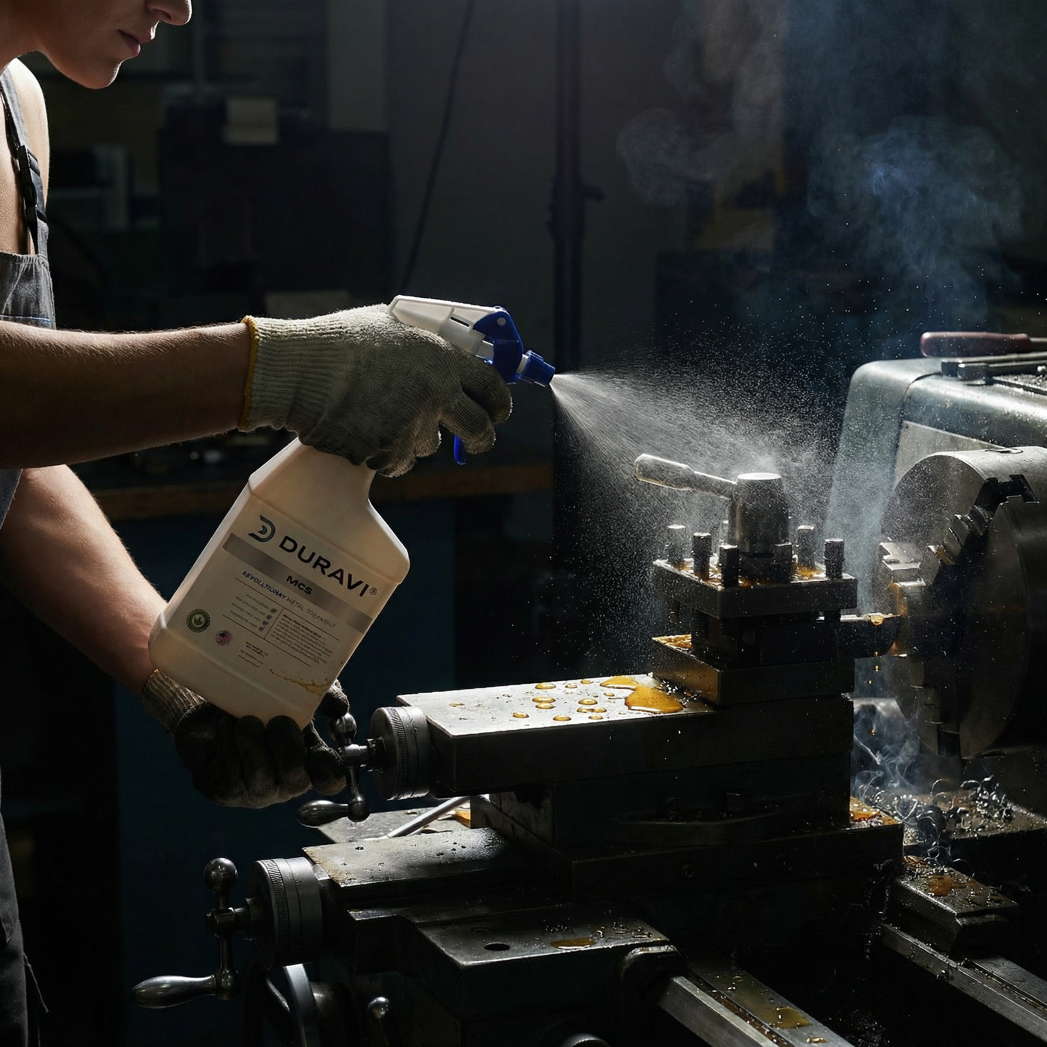 Worker applying Duravi MCS to a metal-cutting lathe